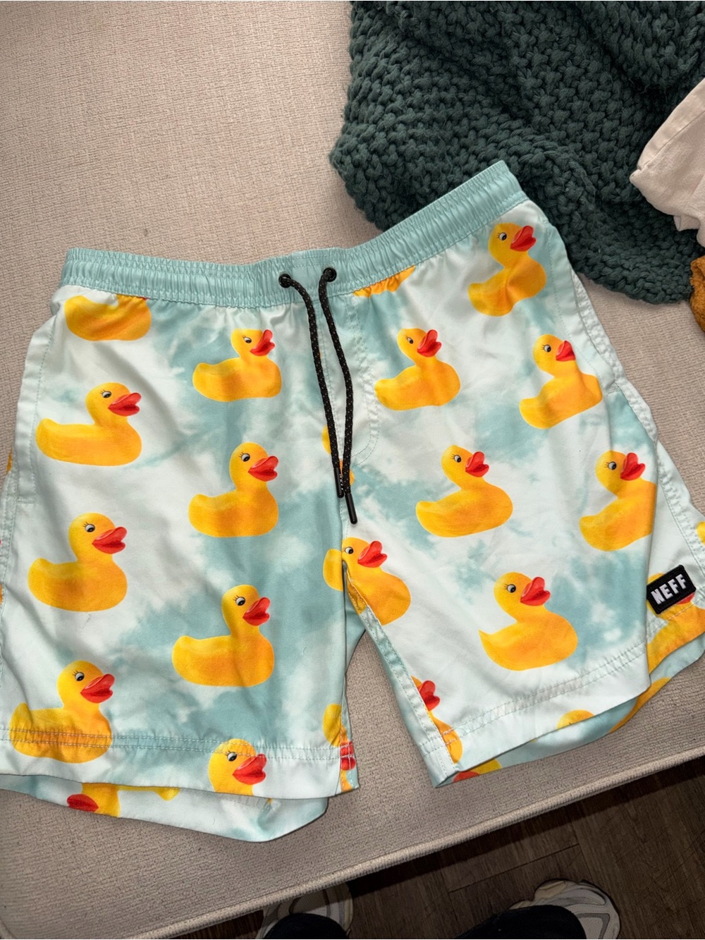 Neff Light Blue Swim Shorts with Yellow Rubber Duck Print